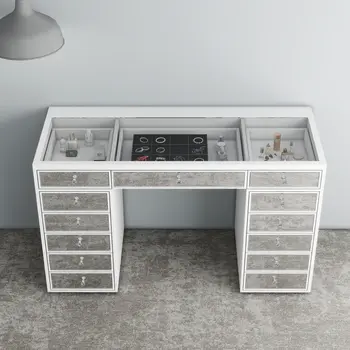 51" White Wood Mirrored Glass And Clear Glass Thirteen Drawer Vanity Table