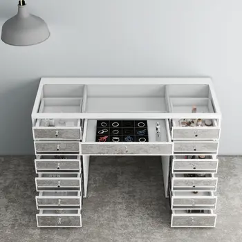 51" White Wood Mirrored Glass And Clear Glass Thirteen Drawer Vanity Table