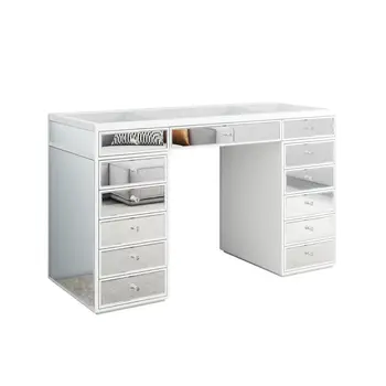 51" White Wood Mirrored Glass And Clear Glass Thirteen Drawer Vanity Table