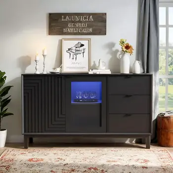 31" Black Wood Accent Cabinet With LED With Single Door And Three Drawers