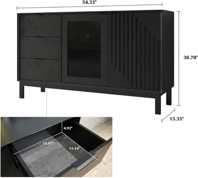 31" Black Wood Accent Cabinet With LED With Single Door And Three Drawers