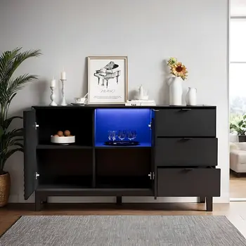 31" Black Wood Accent Cabinet With LED With Single Door And Three Drawers