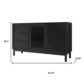 31" Black Wood Accent Cabinet With LED With Single Door And Three Drawers