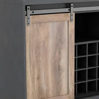 32" Charcoal And Natural Wood Barn Door Bar Cabinet