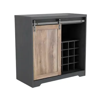32" Charcoal And Natural Wood Barn Door Bar Cabinet