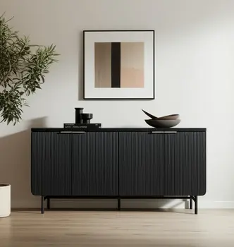 68" Black Wood Ribbed Texture Sideboard with Four Doors