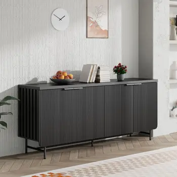 68" Black Wood Ribbed Texture Sideboard with Four Doors