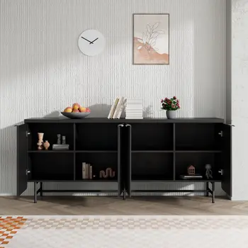 68" Black Wood Ribbed Texture Sideboard with Four Doors