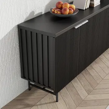 68" Black Wood Ribbed Texture Sideboard with Four Doors