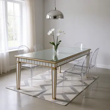 59" Silver and Gold Mirrored Glass and Wood Mirrored Dining Table