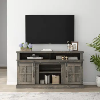 58" Oak Wood Enclosed and Open Storage TV Stand