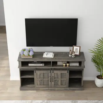 58" Oak Wood Enclosed and Open Storage TV Stand