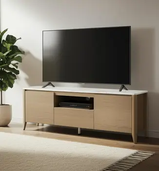 58" Natural And White Faux Marble And Wood Enclosed and Open Storage TV Stand