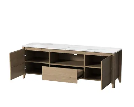 58" Natural And White Faux Marble And Wood Enclosed and Open Storage TV Stand