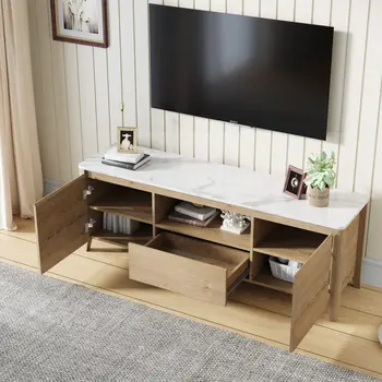 58" Natural And White Faux Marble And Wood Enclosed and Open Storage TV Stand