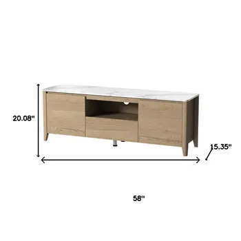 58" Natural And White Faux Marble And Wood Enclosed and Open Storage TV Stand