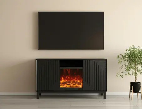 58" Black Ribbed Texture Wood Enclosed and Open Storage TV Stand With Fireplace