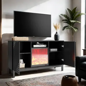 58" Black Ribbed Texture Wood Enclosed and Open Storage TV Stand With Fireplace