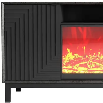 58" Black Ribbed Texture Wood Enclosed and Open Storage TV Stand With Fireplace