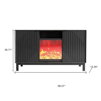 58" Black Ribbed Texture Wood Enclosed and Open Storage TV Stand With Fireplace