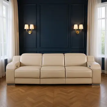103" Beige Italian Leather Reclining USB Sofa