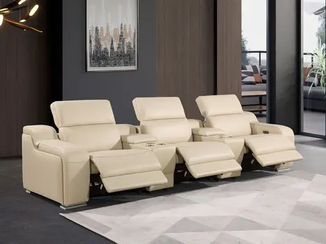 129" Beige Italian Leather Reclining USB Sofa