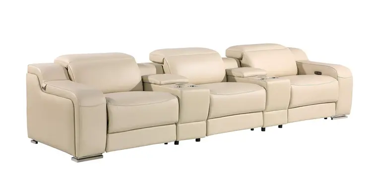 129" Beige Italian Leather Reclining USB Sofa
