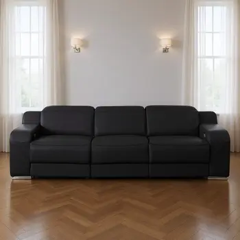 103" Black Italian Leather Reclining USB Sofa