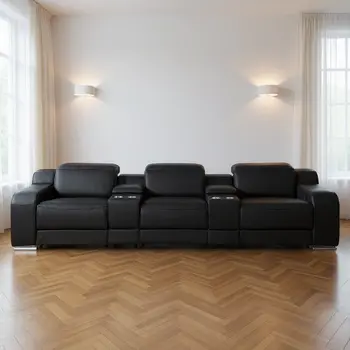 129" Black Italian Leather Reclining USB Sofa