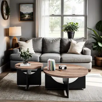 18" Light Brown and Black Wood Round Cross Legs End Table