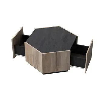 32" Black and Oak Wood Hexagon Coffee Table With Two Drawers