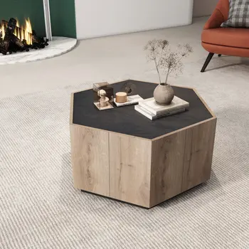 32" Black and Oak Wood Hexagon Coffee Table With Two Drawers