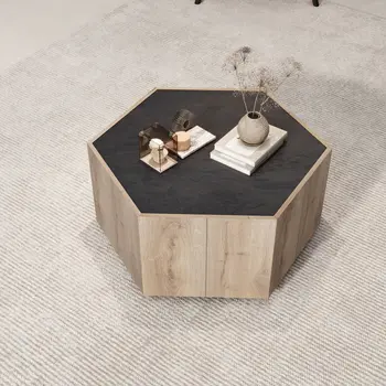 32" Black and Oak Wood Hexagon Coffee Table With Two Drawers