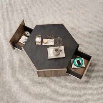 32" Black and Oak Wood Hexagon Coffee Table With Two Drawers