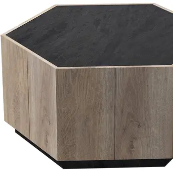 32" Black and Oak Wood Hexagon Coffee Table With Two Drawers