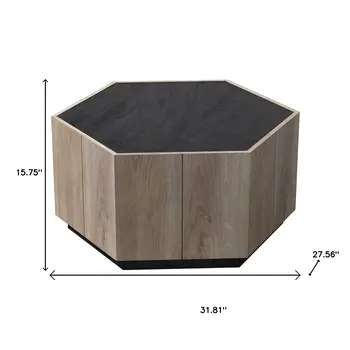 32" Black and Oak Wood Hexagon Coffee Table With Two Drawers