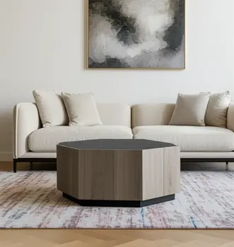 32" Black and Oak Wood Hexagon Coffee Table With Two Drawers