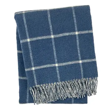 50" X 67" Denim Blue And White Cotton Blend Woven Plaid Throw Blanket with Fringe