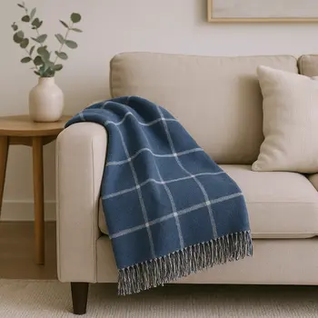 50" X 67" Denim Blue And White Cotton Blend Woven Plaid Throw Blanket with Fringe