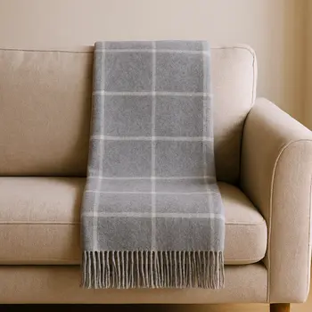 50" X 67" Light Gray And White Cotton Blend Woven Plaid Throw Blanket with Fringe