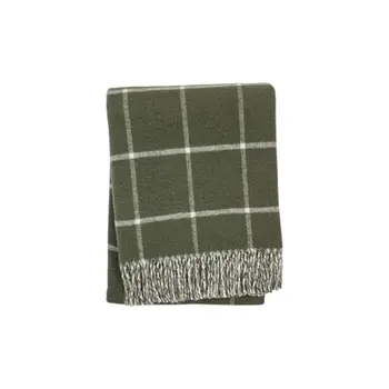 50" X 67" Olive Green And White Cotton Blend Woven Plaid Throw Blanket with Fringe