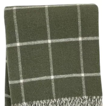50" X 67" Olive Green And White Cotton Blend Woven Plaid Throw Blanket with Fringe