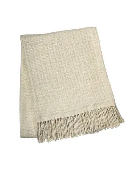 50" X 67" Cream Cotton Blend Woven Throw Blanket with Fringe