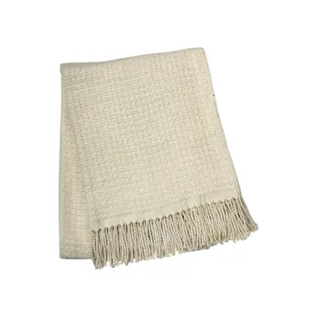 50" X 67" Cream Cotton Blend Woven Throw Blanket with Fringe