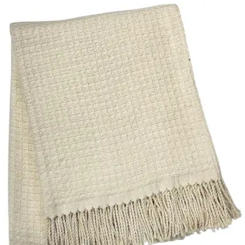 50" X 67" Cream Cotton Blend Woven Throw Blanket with Fringe