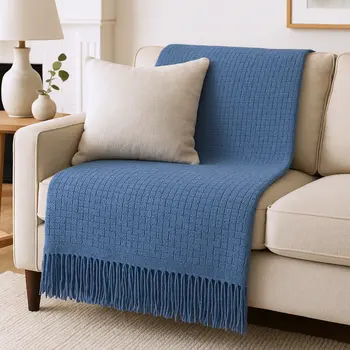 50" X 67" Denim Blue Cotton Blend Woven Throw Blanket with Fringe