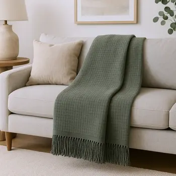 50" X 67" Olive Green Cotton Blend Woven Throw Blanket with Fringe