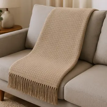 50" X 67" Sand Cotton Blend Woven Throw Blanket with Fringe