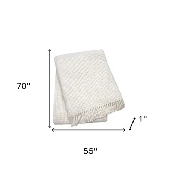 55" X 70" Cream Cotton Blend Waffle Weave Throw Blanket with Fringe