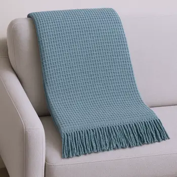 55" X 70" Slate Blue Cotton Blend Waffle Weave Throw Blanket with Fringe